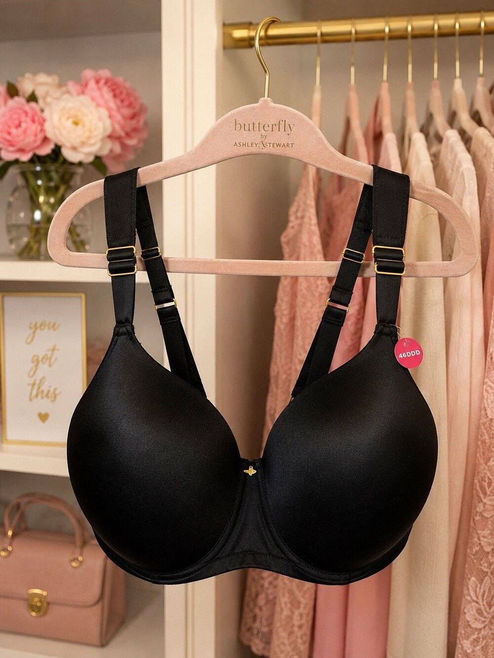 Ashley Stewart Butterfly Black 46DDD Bra Double Back Strap Underwire NWOT Plus +